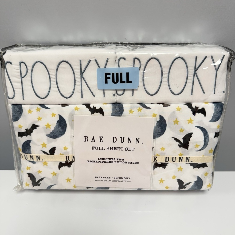 New Rae Dunn Halloween 4pc Sheet Set Full Size SPOOKY Black Bats & Moons